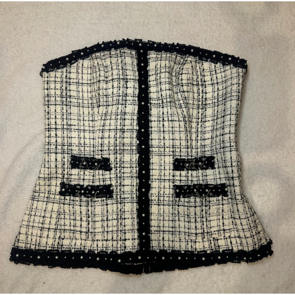 White House Black Market Tweed Corset Top Pearls Black Trim Size 2